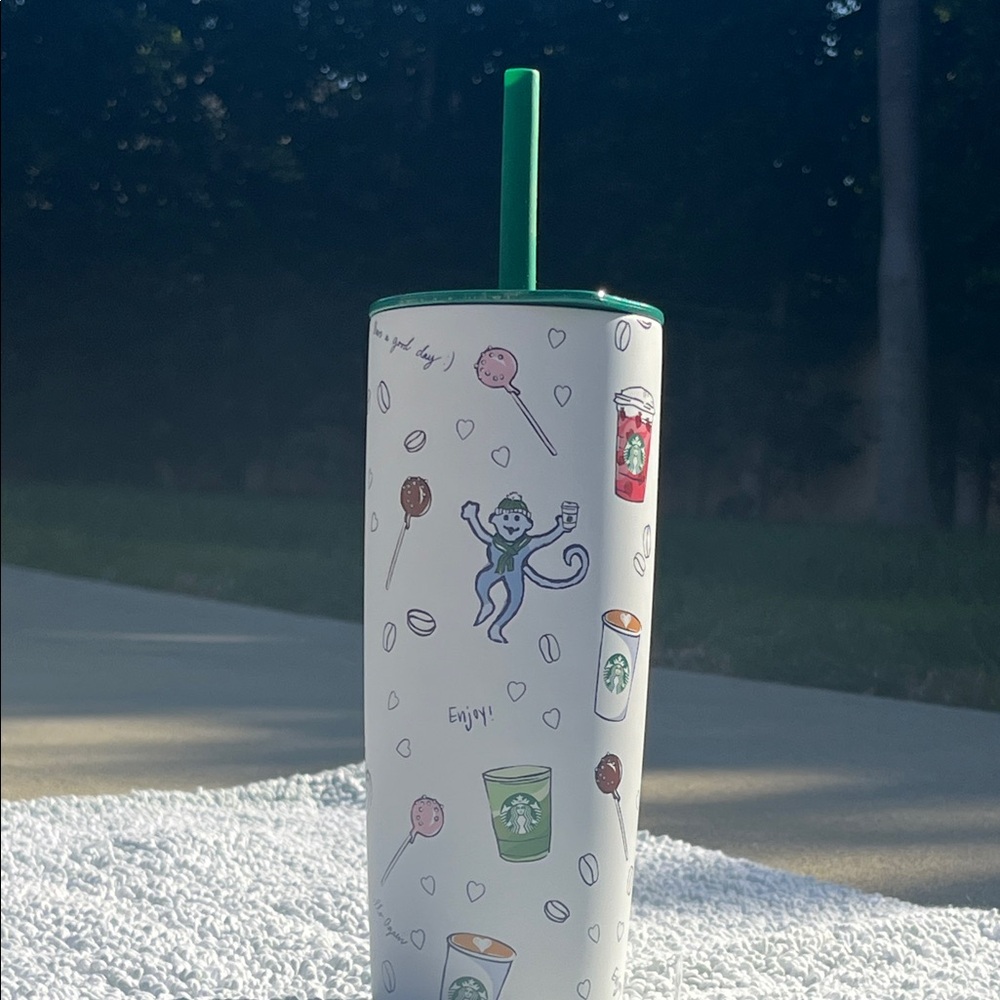 Starbucks Playful White Tumbler with Green Lid - Picture 5 of 6